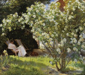 Marie Kroyer seated in the deckchair in the garden by Mrs Bendsens house